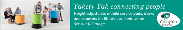 Ad for Yakety Yak furniture. Yakety Yak connecting people. Height-adjustable, mobile service pods, desks, and counters for libraries and education. See our full range.